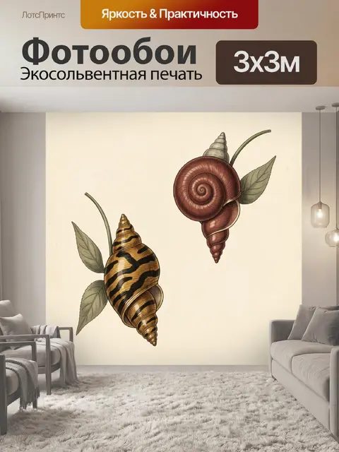 Фотообои Две декоративные морские раковины с листьями