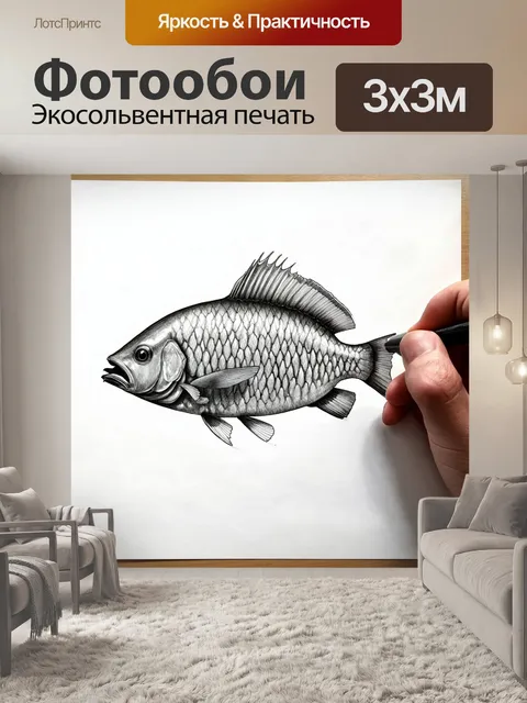 Фотообои рисунок с использования "технического графита" для создания фрагмента рыбы в деталях