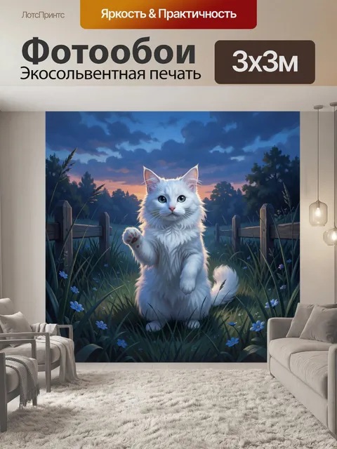 Фотообои Белая кошка в поле на закате