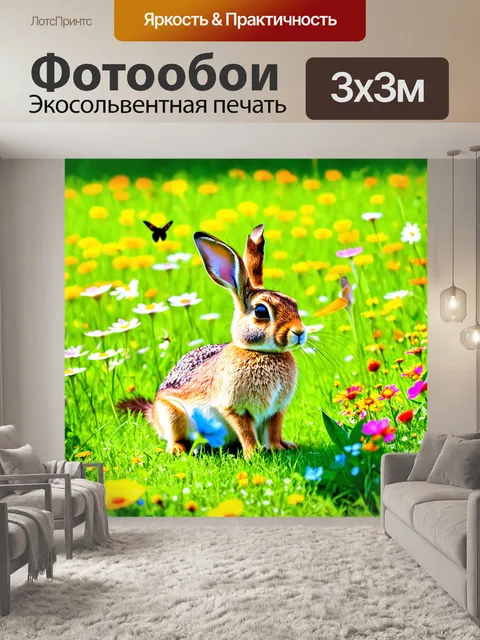 Фотообои заяц, сидящий на зеленом лугу в солнечный день, окруженный яркими цветами и бабочками