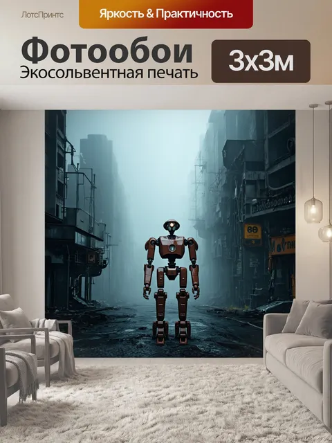 Фотообои туман в стиле стимпанк, отображающие дистопический город с роботами и механизмами, исчезающими в тумане