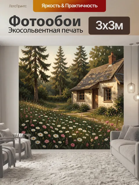 Фотообои Домик в лесу с цветами