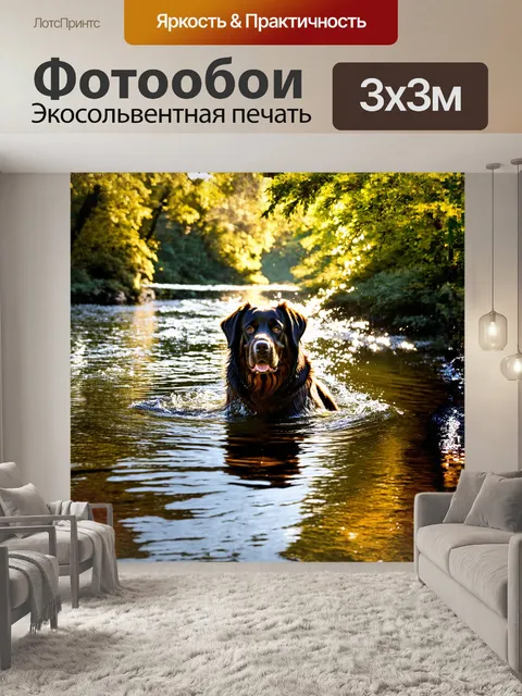 Фотообои ньюфаундленд собака, грациозно плывущая в спокойной речной воде, окруженной зеленым лесом