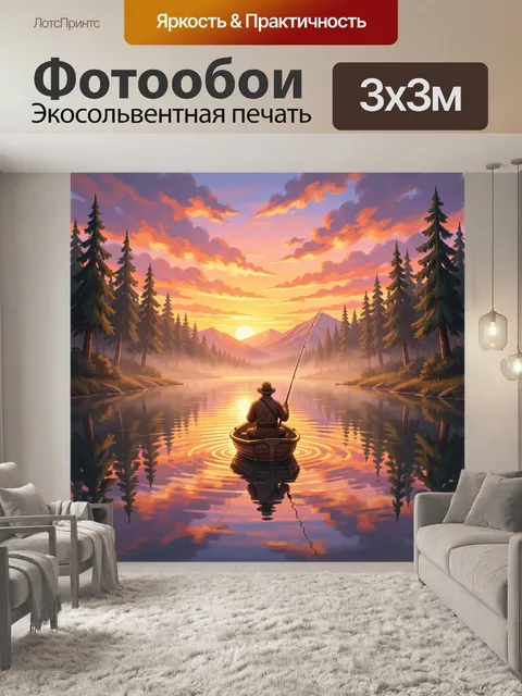 Фотообои Рыбак на озере на закате