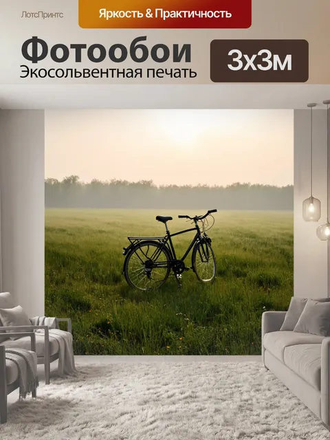Фотообои велосипед, покатавшийся по утреннему туману над лугом
