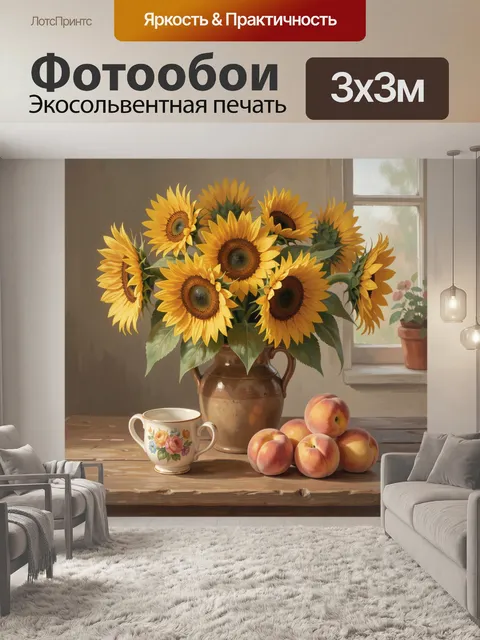 Фотообои Подсолнухи, персики и чашка на столе