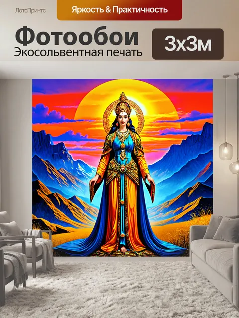 Фотообои императрица, изображенная как древняя богиня на фоне величественных гор и заката
