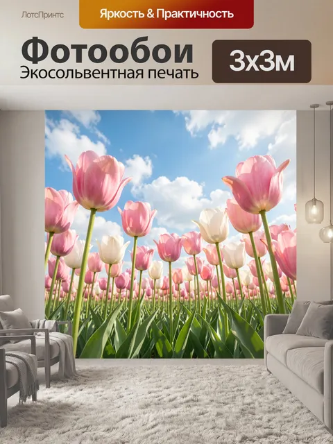 Фотообои Розовые и белые тюльпаны под небом