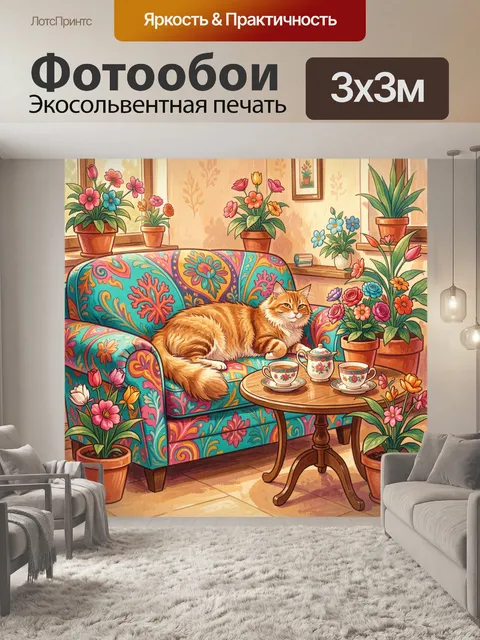 Фотообои Рыжий кот среди цветов