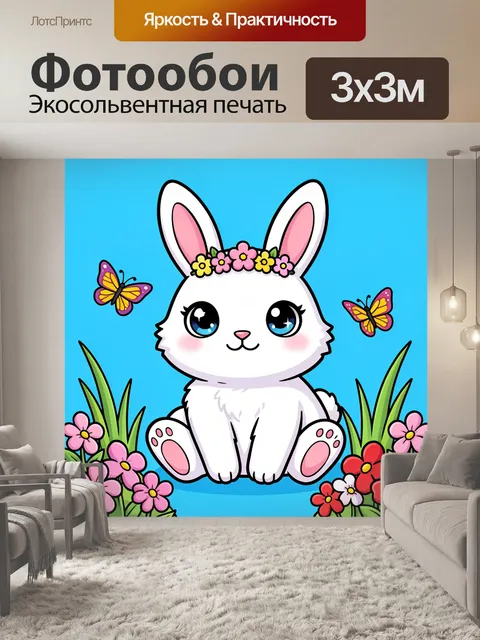 Фотообои Белый зайчик с цветами и бабочками