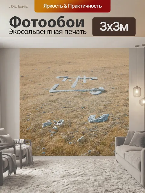 Фотообои поле, усыпанное серыми камнями и пылью, где проявляются контуры древних символов