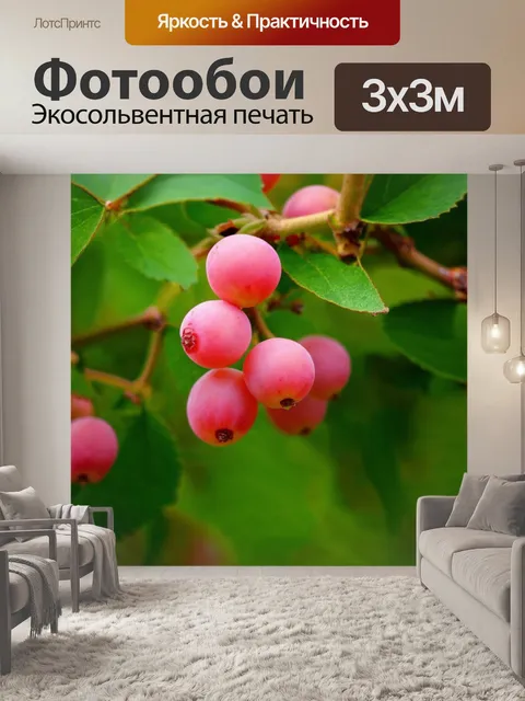 Фотообои розовые ягоды на фоне зелёных листьев