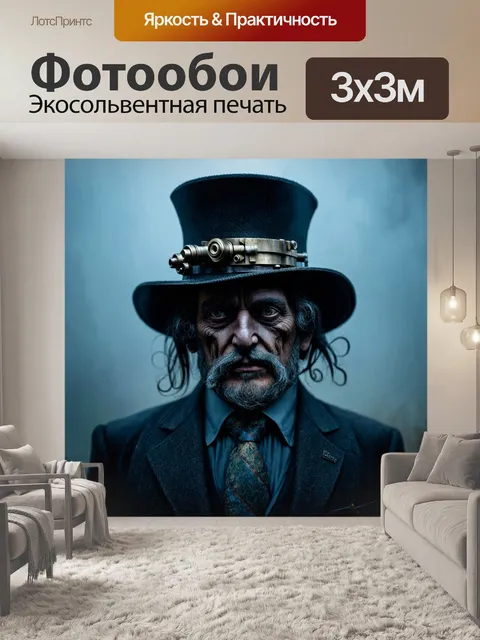 Фотообои туман в стиле стимпанк, загадочная личность в шляпе с механическими деталями, туман вокруг, загадка и интрига