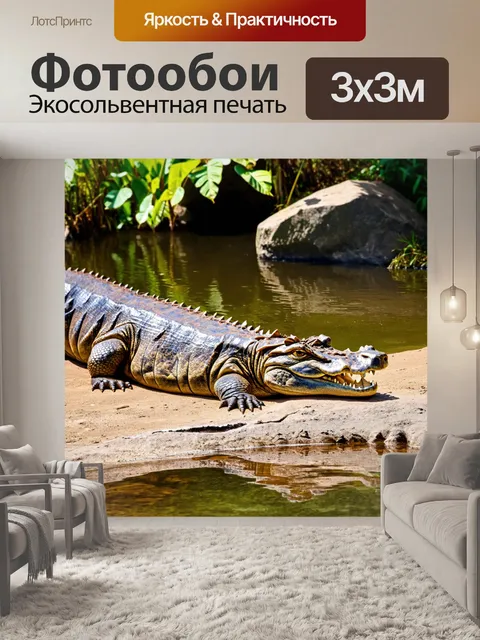 Фотообои коричневый крокодил на солнечном берегу реки, спокойно размещеваясь между камнями и растениями
