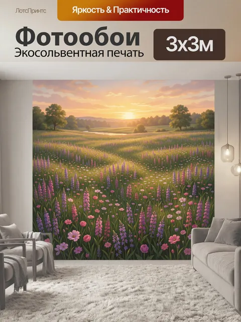 Фотообои Цветущий луг на закате