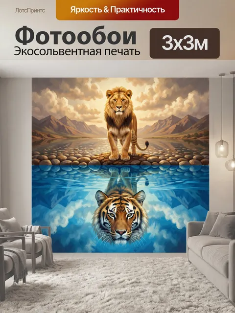 Фотообои Лев и тигр у воды