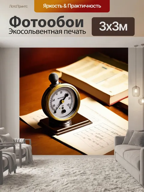 Фотообои вакуумметр, размещенный на столе рядом с курсовыми расчетами и научными книгами, выполненное в стиле стимпанк