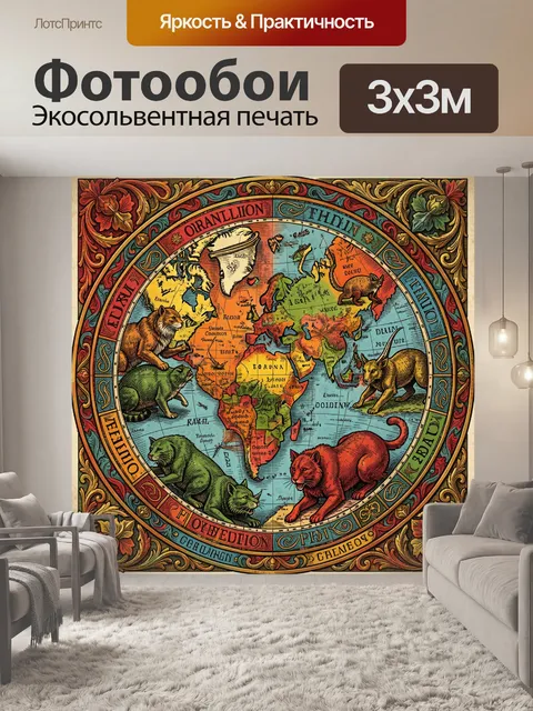 Фотообои Карта мира с дикими зверями