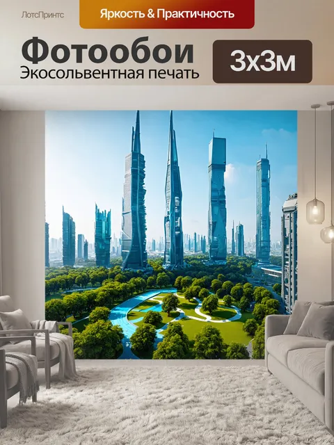 Фотообои будущее города с высокими небоскрёбами и зелеными парками
