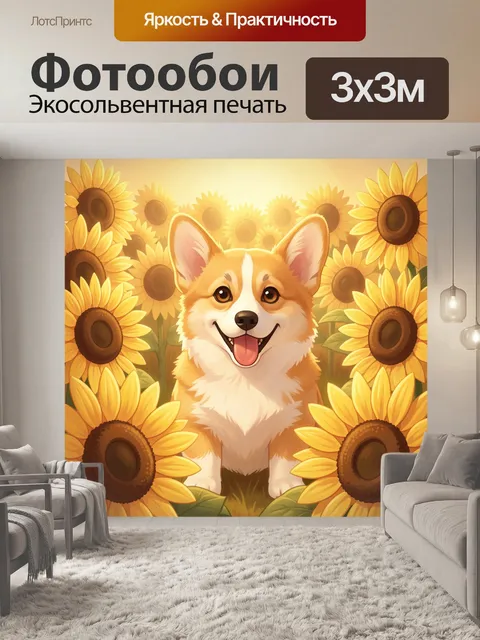 Фотообои Веселый корги среди подсолнухов