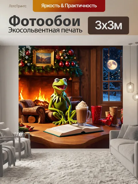 Фотообои кермит, лягушка, сидит в уютном кресле у камина, где потрескивают дрова, а рядом стоит стакан горячего…