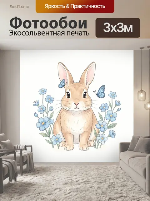 Фотообои Кролик среди голубых цветов
