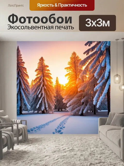 Фотообои закат в заснеженном лесу, деревья покрыты инеем, нежное мерцание, свет идет из-за горизонта