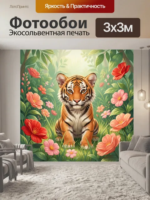 Фотообои Тигрёнок в цветущих джунглях