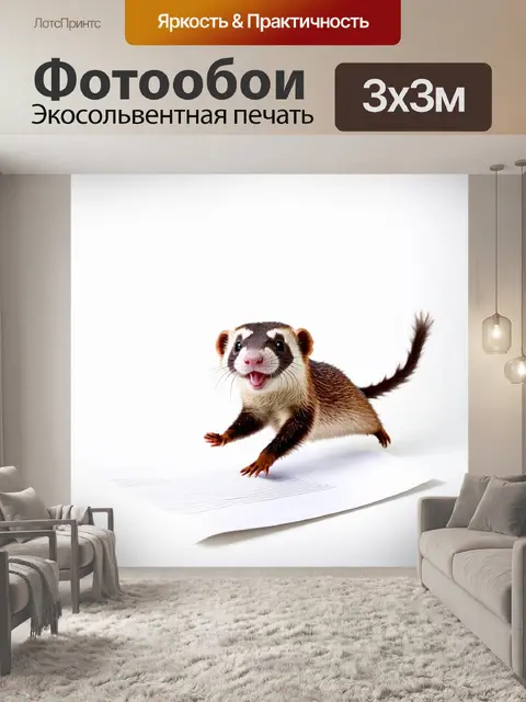 Фотообои хорёк с весёлым выражением исследует белый лист бумаги, прыгая по нему, оставляя игривые следы