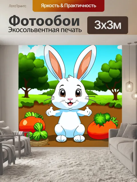 Фотообои забавный зайчик, работающий на ферме, собирает овощи и рассказывает о питательных веществах детям