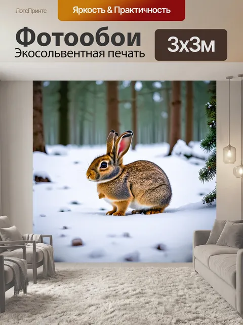 Фотообои зайцы в зимнем лесу, исследующие снежные пейзажи