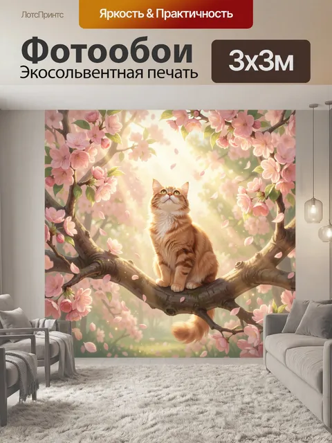 Фотообои Кот, сидящий на толстой ветке цветущей сакуры и смотрящий вверх, вертикальная композиция с ветвями и…