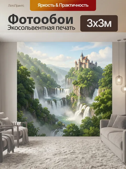 Фотообои Замок над водопадами в тумане