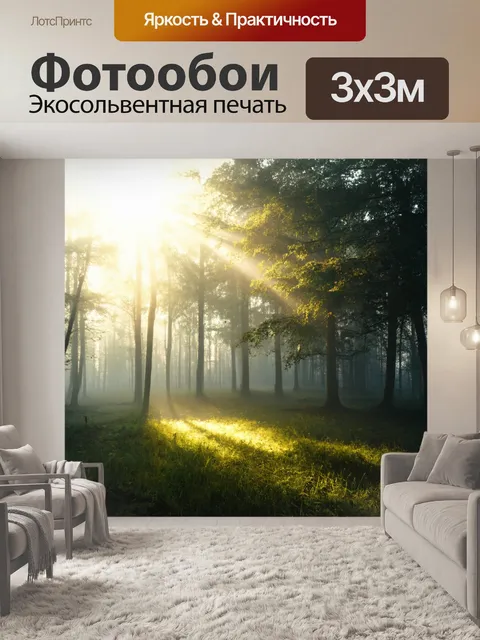 Фотообои туман в стиле вектор, солнечный свет, пробивающийся сквозь туман над поляной