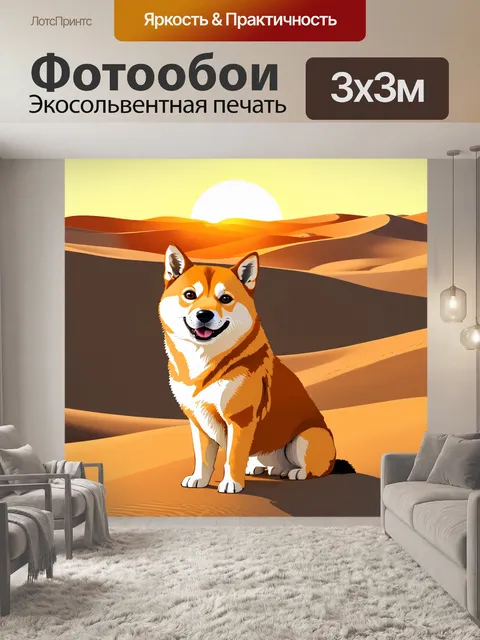 Фотообои в пустынном пейзаже, сиба-ину внимательно смотрит на закат, его улыбка отражает нежность момента