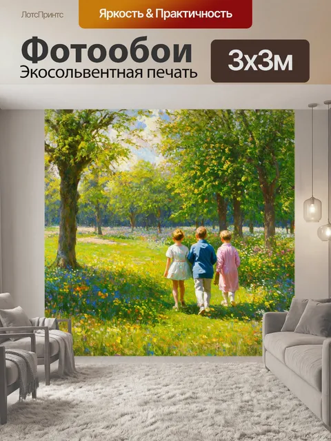Фотообои природа в стиле джон эверетт милле с мирным днем в парке, где гуляют семьи, окруженные зеленью и цветами