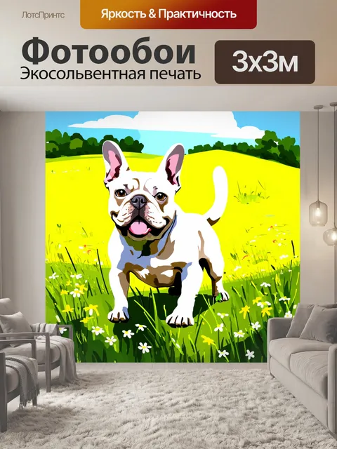 Фотообои французский бульдог, скачущий по травяной поляне, где расцвели полевые цветы