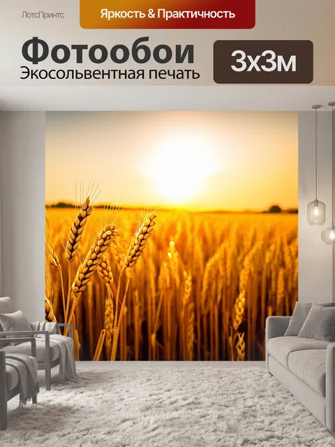 Фотообои закат над светлым полем пшеницы, где колосья волнуются под легким ветром, а небо горит всеми цветами заката