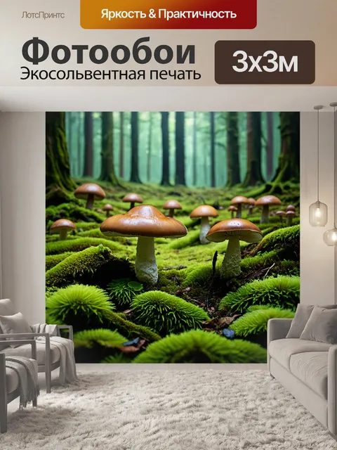 Фотообои охота в старом лесу, где множество грибов и мхов создают атмосферу загадки и ожидания