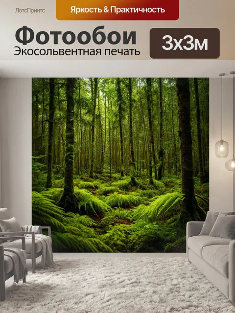 Фотообои лес с высокими папоротниками и мхами, создающими таинственную атмосферу