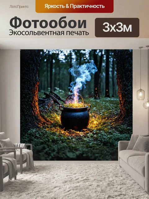 Фотообои на заброшенной ведьминой поляне стоит ковш с зельем, в котором вспыхивают флуоресцентные пары