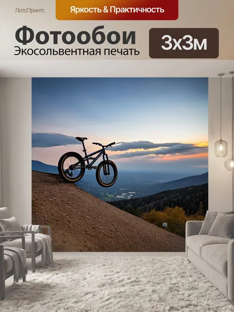 Фотообои колесо bmx, восседающее на краю горы, со зрелищным видом на долину