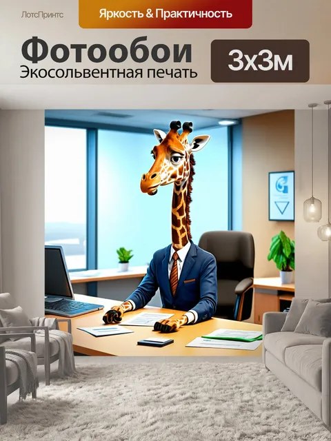 Фотообои деловой жираф-менеджер, работающий с высокими столами в офисе, с наклонённой головой и деловыми бумагами