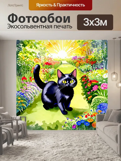Фотообои черный кот, исследующий восхитительный сад с яркими цветами и зеленью
