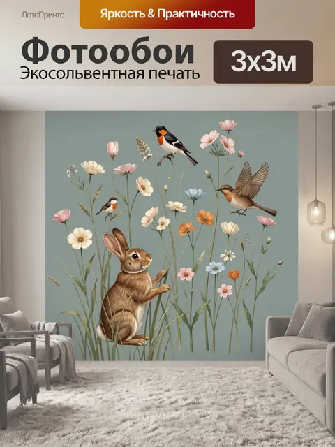 Фотообои Птицы и кролик среди полевых цветов