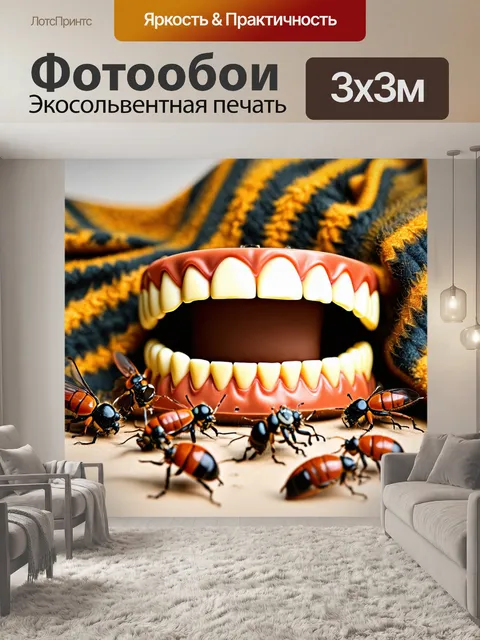 Фотообои улыбающиеся зубы, сделанные из шоколада, на фоне пышного одеяла насекомых, стиль сладкого натюрморта