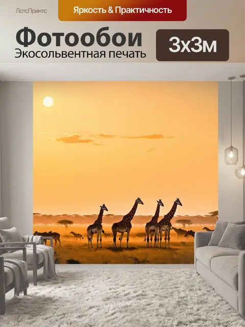Фотообои утро, просторная саванна с группу жирафов, мирно пасущихся на фоне восходящего солнца