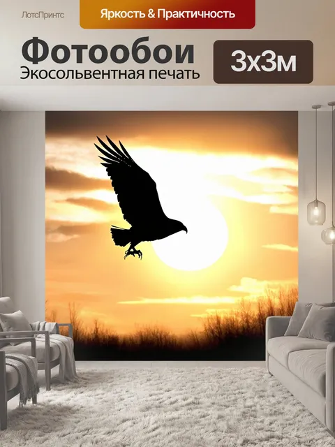 Фотообои животные в стиле двойная экспозиция, показывающие ястреба, нарисованного среди небес и заката