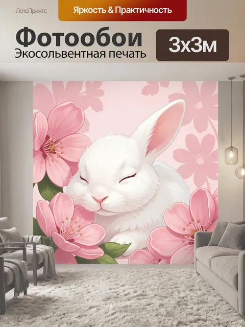 Фотообои Белый кролик среди сакуры