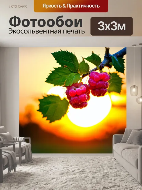 Фотообои спелая малина на ветке